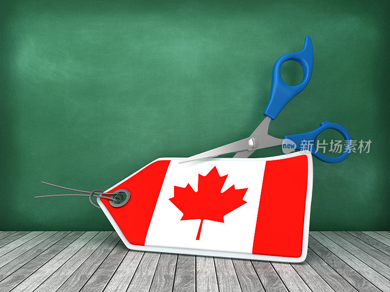 加拿大国旗价格标签与剪刀在黑板背景- 3D渲染